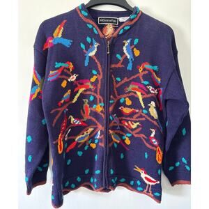 Christine Foley Vintage 90s Tree of Life Bird Motif Full Zip Cardigan Sweater 1